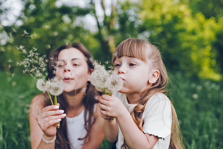 Mom and daughter blowing on dandelions